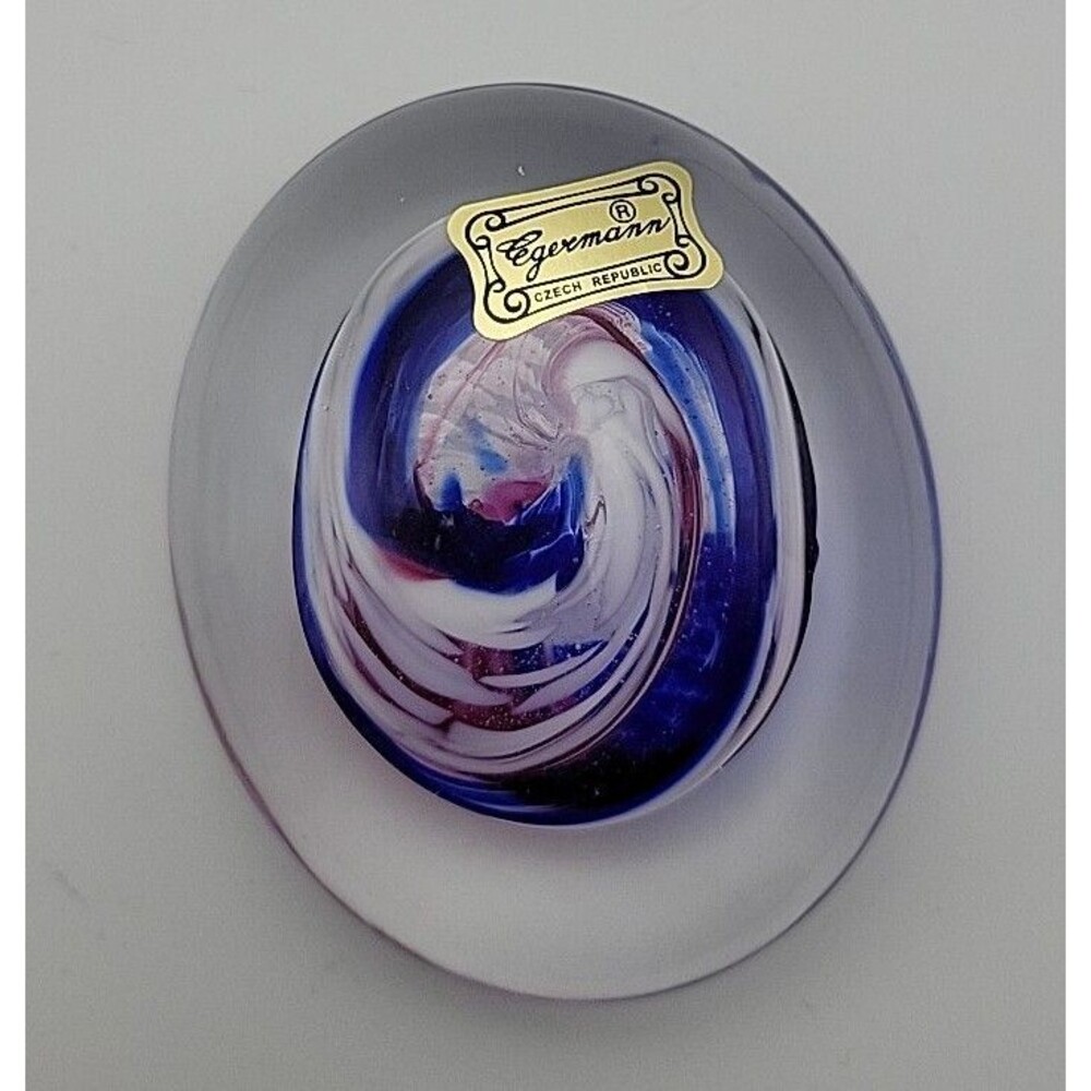 Vintage Egermann Art Glass Paperweight Blue, Pink & White SWIRL